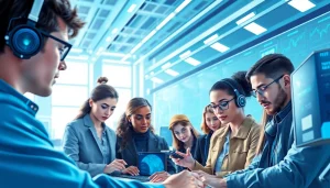 People engaging with technology in a modern workspace, highlighting Technology integration and collaboration.