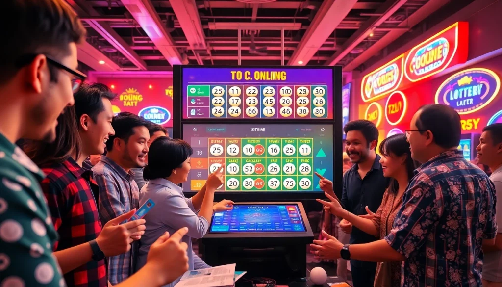 Menampilkan pemain yang bersemangat bermain togel online dengan layar digital interaktif.