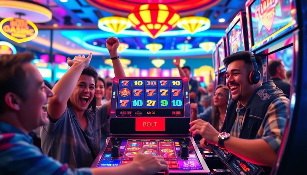 Slot gacor mengundang keceriaan dengan mesin slot yang meriah dikelilingi pemain yang bersuka cita.