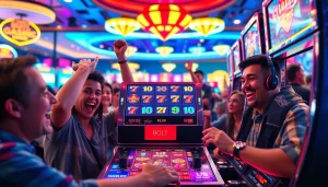 Slot gacor mengundang keceriaan dengan mesin slot yang meriah dikelilingi pemain yang bersuka cita.