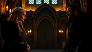 Engaging moment among the game of thrones cast, featuring iconic characters in a medieval castle.
