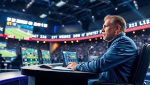 스포츠중계 중인 스포츠 해설자의 생생한 모습과 스튜디오 배경