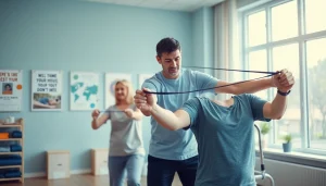 Health in Motion Rehabilitation session with a therapist guiding a patient through exercises.
