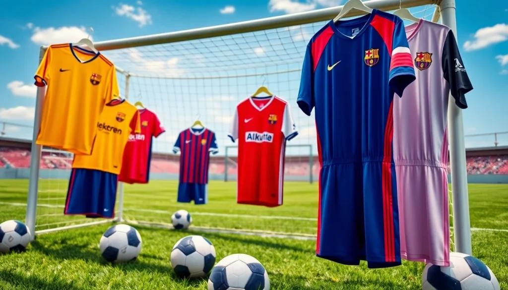 Showcase of cheap football kits displayed on a soccer field, highlighting vibrant designs and team logos.