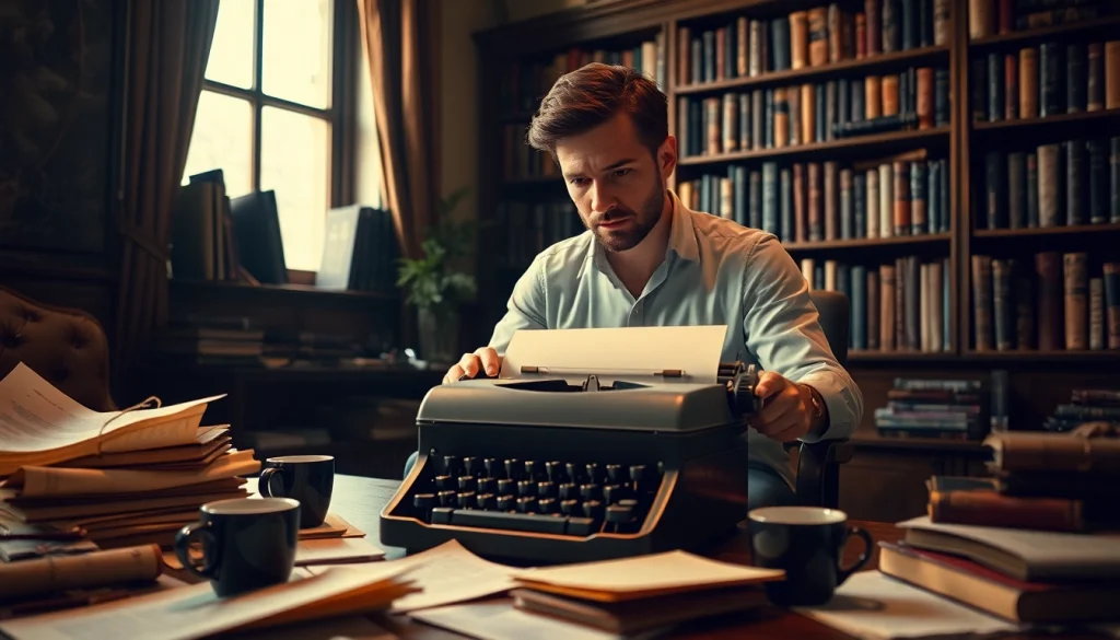 Thriller author crafting stories at a vintage typewriter in a cozy study.