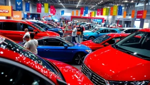 Exciting Auto Cars Show with diverse modern vehicles on display and engaged attendees.
