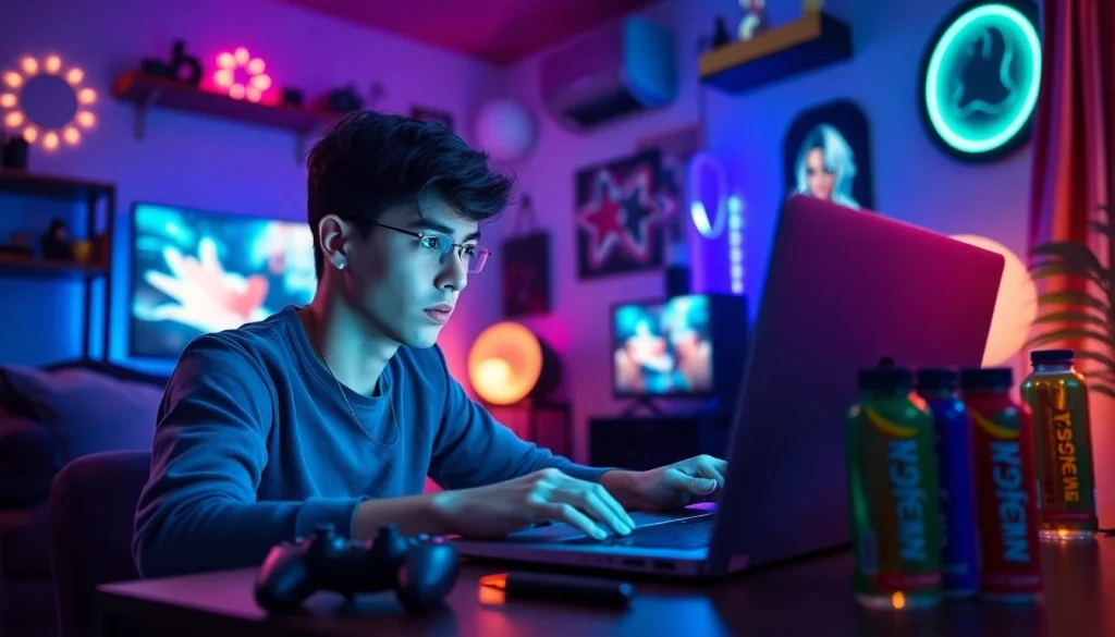 Menggambarkan pemain mengasyikkan bermain hakim4d alternatif game dengan laptop dalam suasana energik.