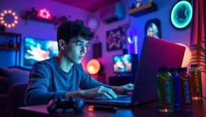 Menggambarkan pemain mengasyikkan bermain hakim4d alternatif game dengan laptop dalam suasana energik.