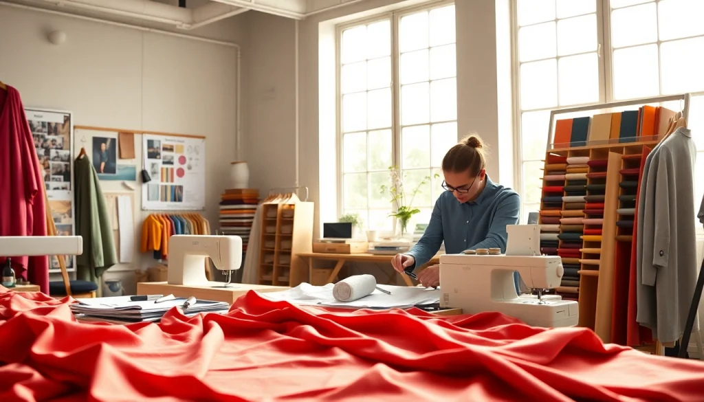 Punta di Roma stof wordt gebruikt door een modeontwerper in een creatieve studio.