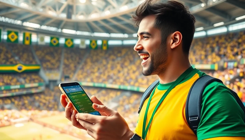 Capture the excitement of sports betting Brazil with a fan engaged in wagering on a mobile device.