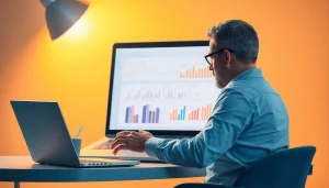 Utilizando software para flipping, un inversor evalúa propiedades con gráficos y datos en pantalla.