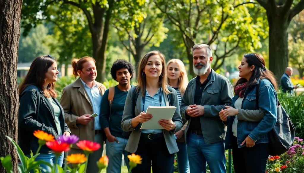 Engaging discussion on sustainability at https://www.unsustainablemagazine.com with diverse activists in a park setting.