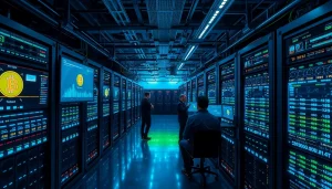 Dynamic scene of a crypto mining operation with powerful ASIC miners and technicians.