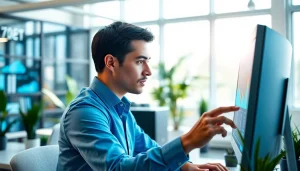 Visualize Hybrid Cloud Solutions with an IT specialist in a modern office analyzing cloud data.