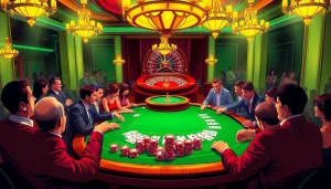 Experience the thrill of gambling at Trang chủ MM88's luxurious poker table, with players and chips in action.