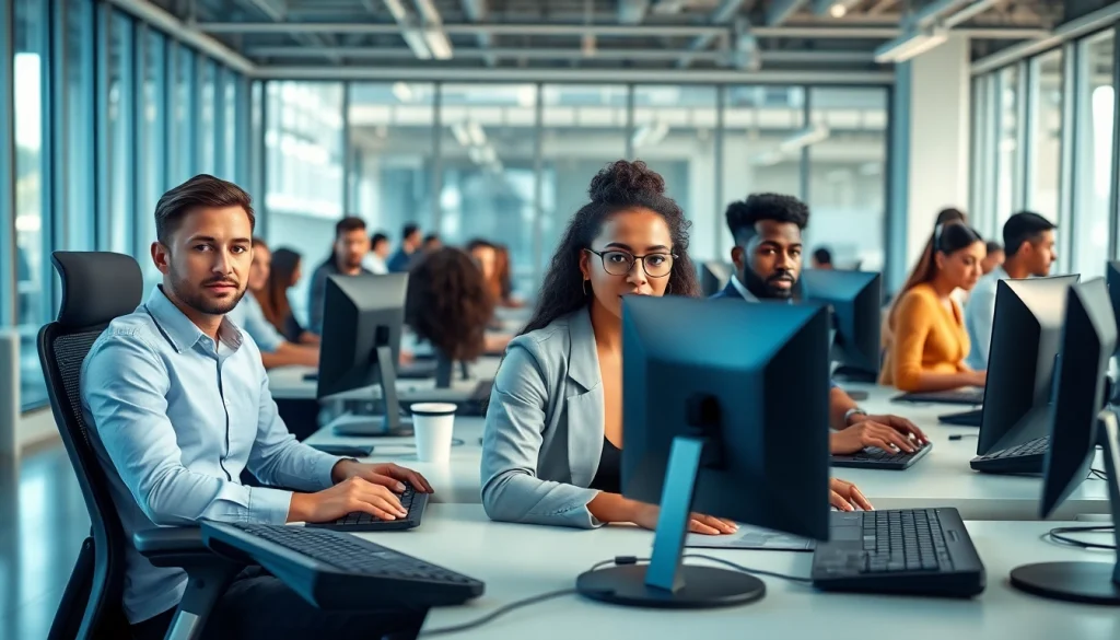 Enhance your skills at a typing center with modern equipment and diverse individuals actively engaged in typing.