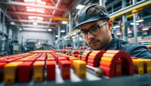 Showcasing ferrite magnets manufacturer in china with vibrant factory setting and skilled technician.