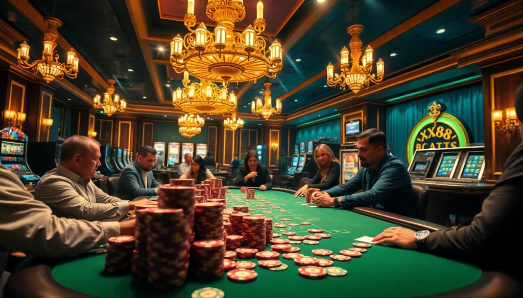 Experience the thrill of XX88 Boats at an exciting poker table with engaging players and vibrant casino atmosphere.