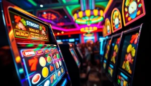 Putar slot mesin dengan warna cerah dan penasaran yang mengelilinginya di kasino.
