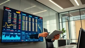 Современный финансовый офис с цифровыми дисплеями ставок, подчеркивающий 79king hn в профессиональной обстановке на 2025 год