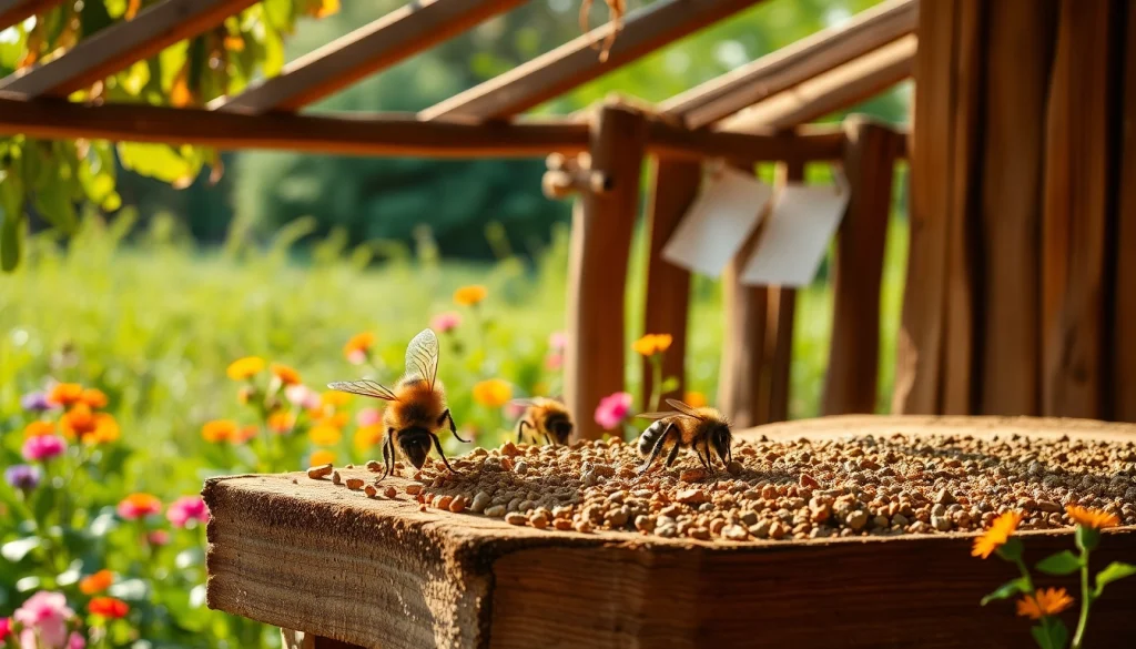 Colmenas keniata mostrando abejas trabajando en un entorno natural y colorido.