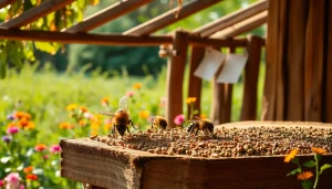 Colmenas keniata mostrando abejas trabajando en un entorno natural y colorido.