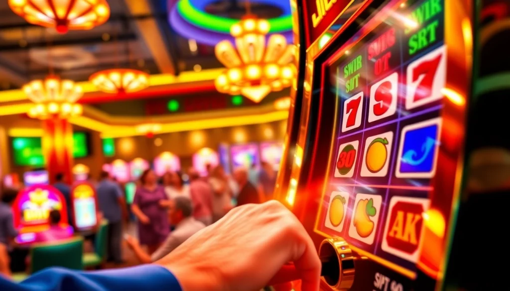 Permainan bandar bola slot yang seru dengan mesin slot berwarna-warni di lingkungan kasino.