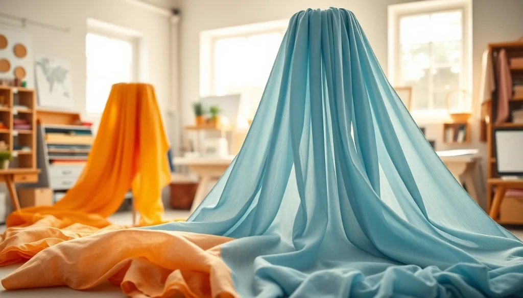 Mousseline stof prachtig gepresenteerd in een creatieve werkomgeving met diverse kleuren.