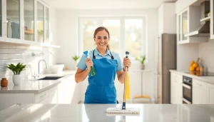 Cleaning Service professionals cheerfully deep cleaning a modern kitchen space with bright lighting.