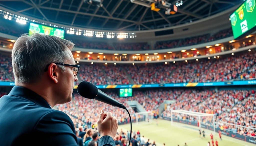 스포츠중계의 생동감 넘치는 장면에서 열정적인 해설자와 관중들