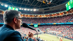 스포츠중계의 생동감 넘치는 장면에서 열정적인 해설자와 관중들