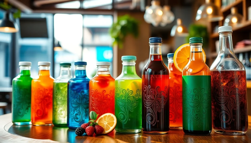 Vibrante liquid in verschiedenen Behältern, die Frische und Vielfalt darstellen.