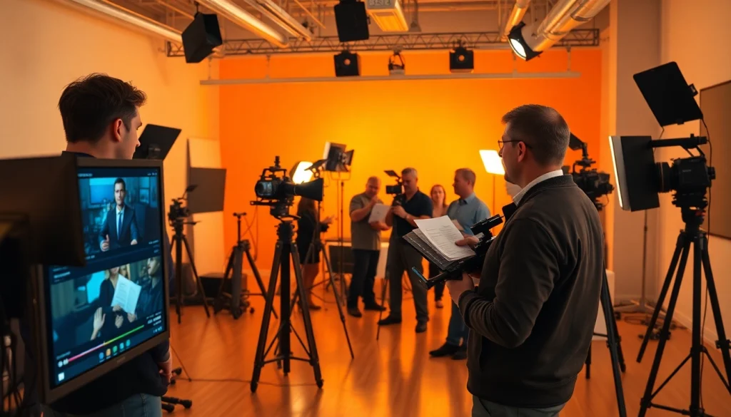 Videographers collaborating in a professional video production agency studio.