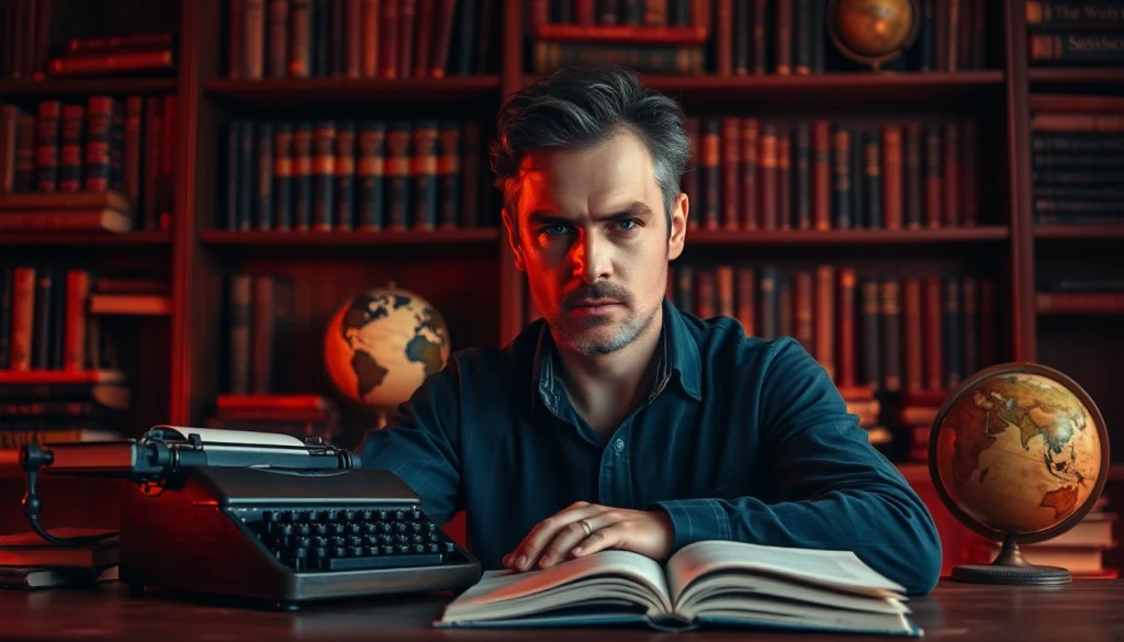 A captivating thriller author intensely writing at a desk, embodying creativity and mystery.