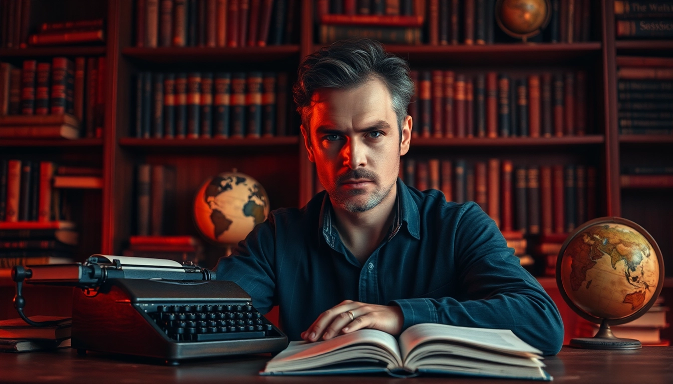 A captivating thriller author intensely writing at a desk, embodying creativity and mystery.