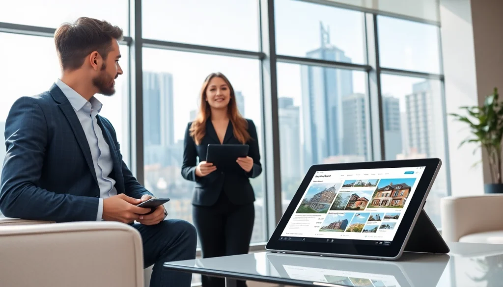 Engaging real estate agent presenting properties to clients in a vibrant office setting.