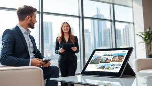 Engaging real estate agent presenting properties to clients in a vibrant office setting.