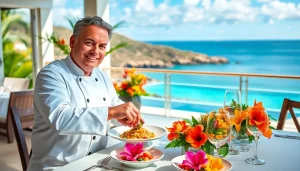 Private chef St Martin expertly plating a gourmet dish in a luxurious beachfront villa.