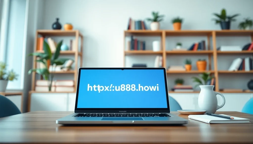 Display of web design featuring https://uu88.how/ on a laptop in a modern office setting.