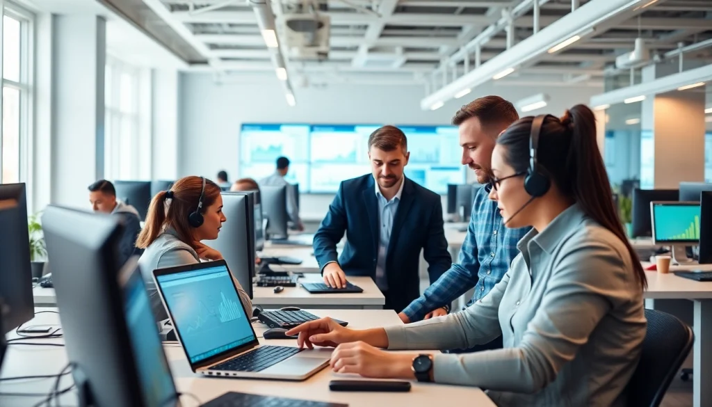 Engaged IT support service team collaborating in a modern office environment.