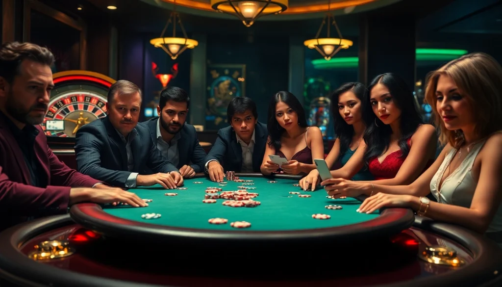 RR88 players engaged in a thrilling poker game with glowing chips and cards.