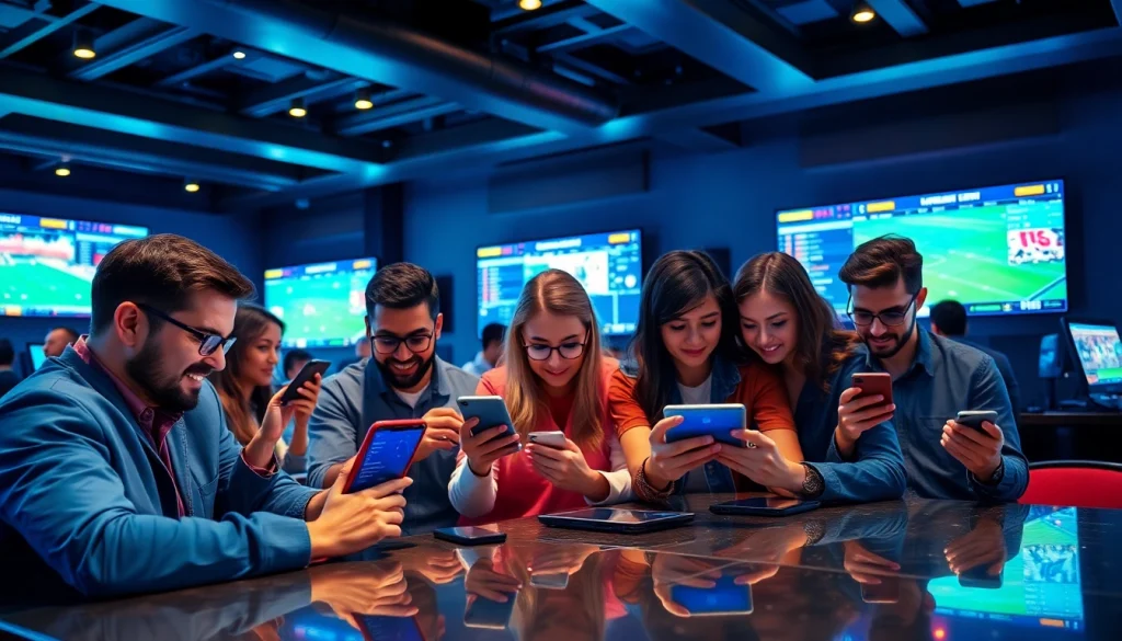 Engaged users exploring the best sports betting sites in India in a modern gambling lounge setting.