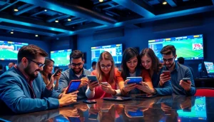 Engaged users exploring the best sports betting sites in India in a modern gambling lounge setting.