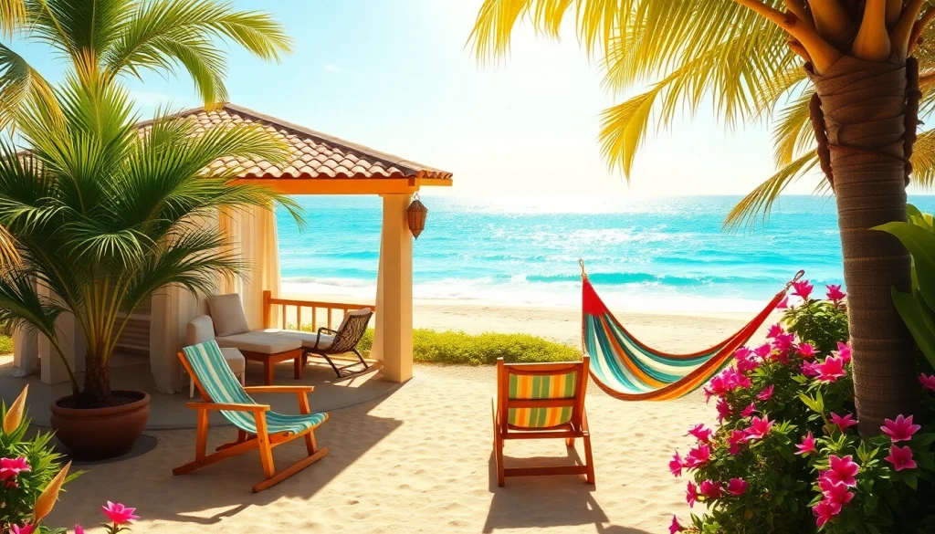 Relax and unwind in the coastal cabana amidst lush greenery and the sparkling beach.