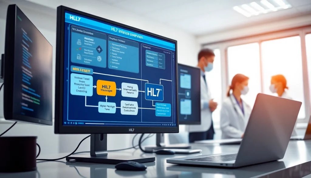 HL7 Interface visuals showing data management in a healthcare environment.