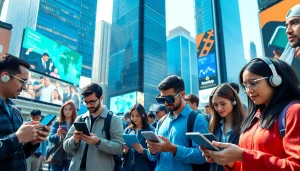 Technology integration in urban life with people using gadgets and digital tools.