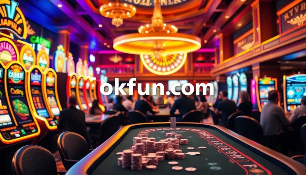 Experience the thrill of casino gameplay at okfun.com, featuring colorful slot machines and vibrant poker tables.