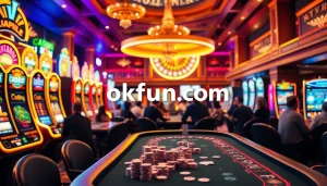 Experience the thrill of casino gameplay at okfun.com, featuring colorful slot machines and vibrant poker tables.