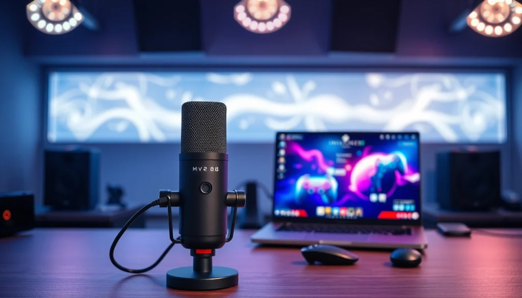 MV 88 microphone showcased in a vibrant gaming studio setup with sleek design and ambient lighting.