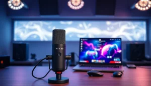 MV 88 microphone showcased in a vibrant gaming studio setup with sleek design and ambient lighting.